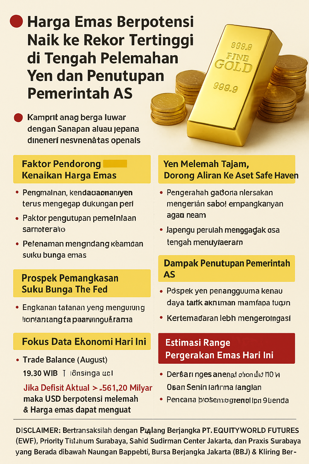 Equity World Trillium Surabaya – Harga Emas Berpotensi Naik ke Rekor Tertinggi di Tengah Pelemahan Yen dan Penutupan Pemerintah AS