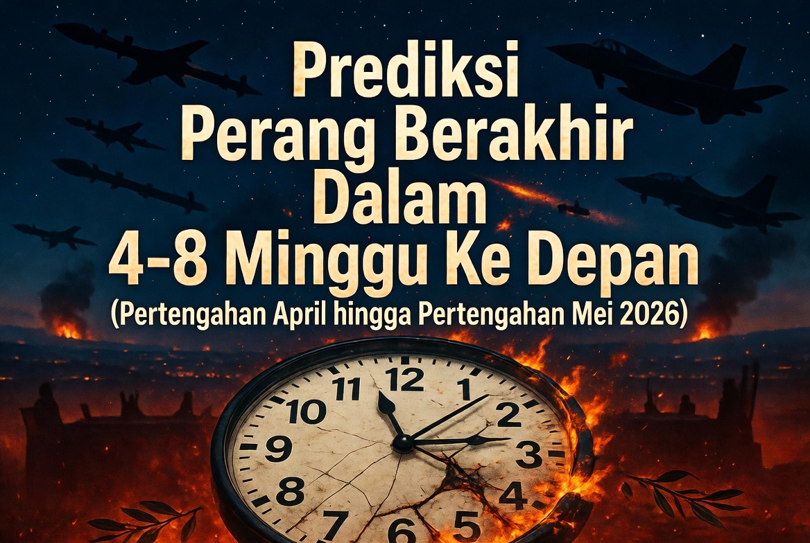 "Create a dramatic and cinematic feature image for a serious geopolitical article. The main title is 'Prediksi Perang Berakhir Dalam 4–8 Minggu Ke Depan (Pertengahan April hingga Pertengahan Mei 2026)'. Visual concept: A dark, tense atmosphere showing the Middle East at night. In the background, faint outlines of Tehran and Tel Aviv with distant explosions and smoke rising. A large clock in the foreground counting down from 8 weeks to 4 weeks. The clock is cracked and partially burning, symbolizing urgency and uncertainty. In the sky, silhouettes of fighter jets and missiles crossing each other. Below, subtle elements of diplomacy like faint negotiation table shadows and broken olive branches. Color palette: deep red, dark navy blue, orange fire glow, and black. Cinematic lighting, highly detailed, realistic yet dramatic style, news magazine cover aesthetic, 16:9 aspect ratio, high resolution."